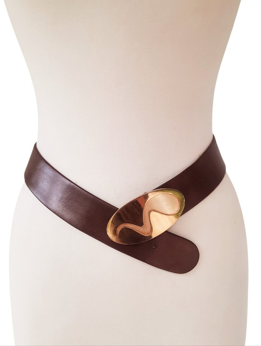 Vintage CALDERON Brown Wide Leather  Belt w/Gold Abstract Mod Art Buckle Sz M
